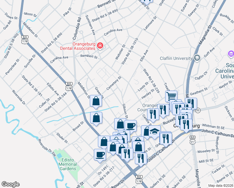 map of restaurants, bars, coffee shops, grocery stores, and more near 452 State Road S-38-612 in Orangeburg