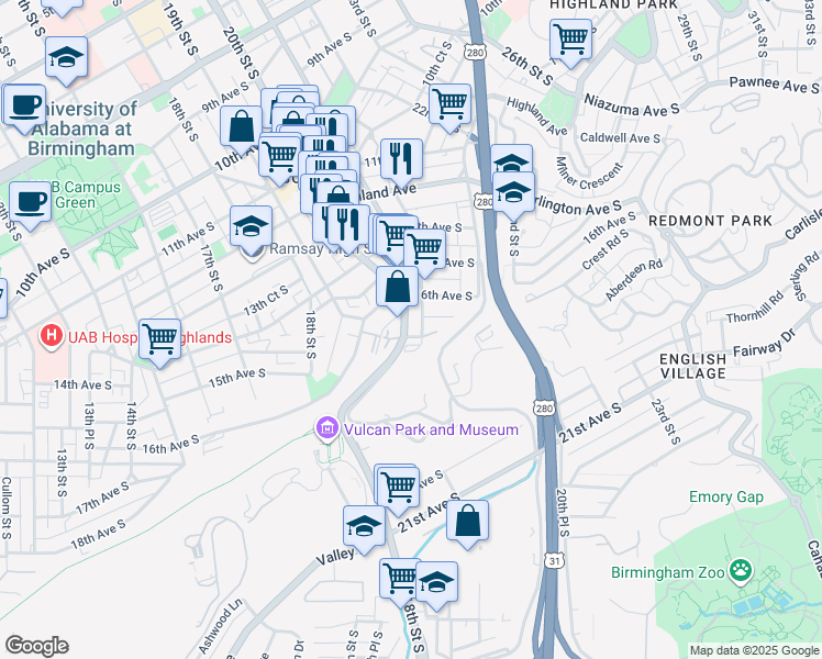 map of restaurants, bars, coffee shops, grocery stores, and more near 103 Abbey Road in Birmingham