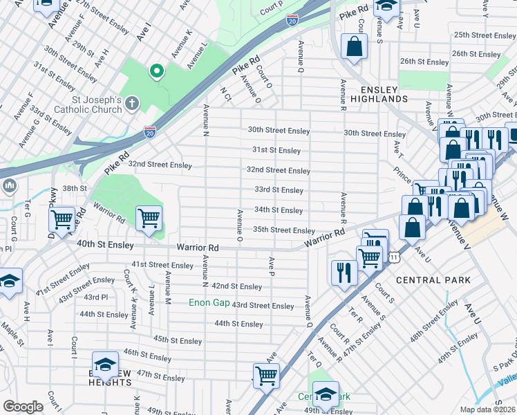 map of restaurants, bars, coffee shops, grocery stores, and more near 1525 34th Street Ensley in Birmingham