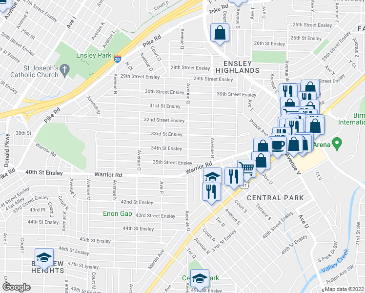 map of restaurants, bars, coffee shops, grocery stores, and more near 1636 34th Street Ensley in Birmingham