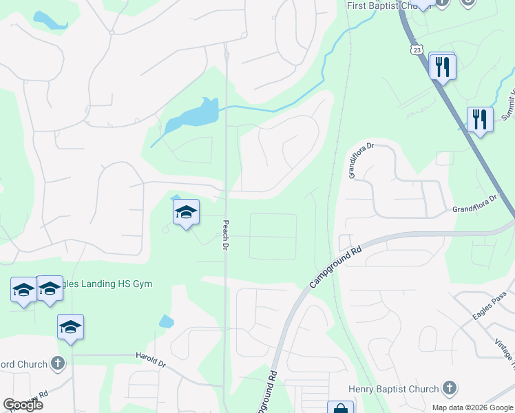 map of restaurants, bars, coffee shops, grocery stores, and more near 94 Maygold Street in McDonough