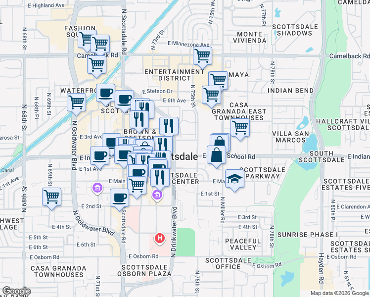map of restaurants, bars, coffee shops, grocery stores, and more near 4111 North Drinkwater Boulevard in Scottsdale