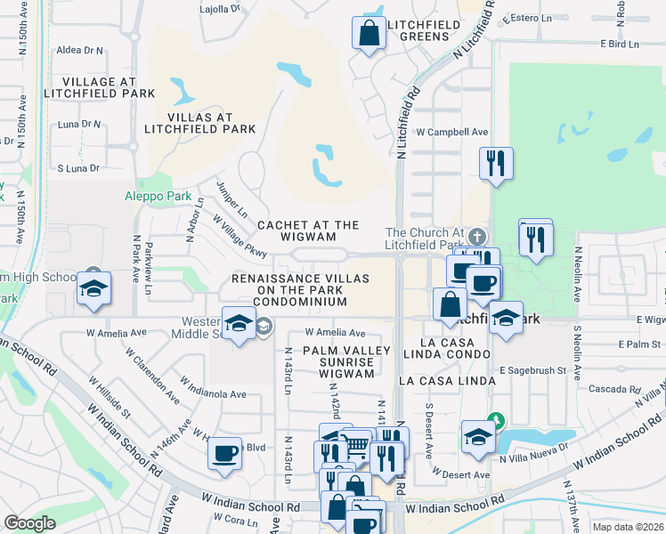 map of restaurants, bars, coffee shops, grocery stores, and more near West Village Parkway in Litchfield Park
