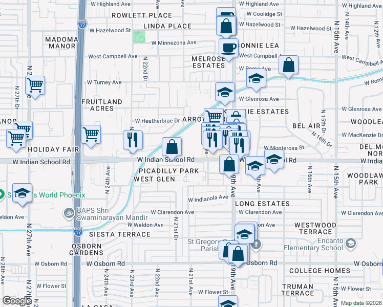 map of restaurants, bars, coffee shops, grocery stores, and more near 2028 West Indian School Road in Phoenix