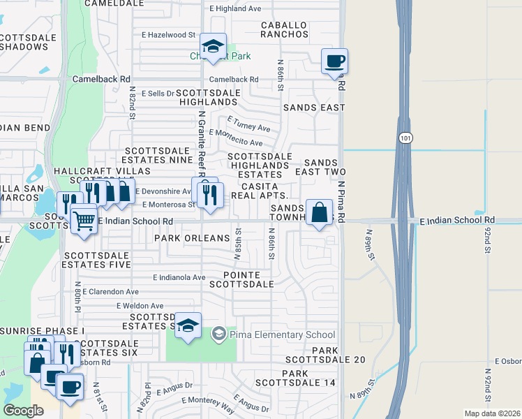 map of restaurants, bars, coffee shops, grocery stores, and more near 8550 East Indian School Road in Scottsdale