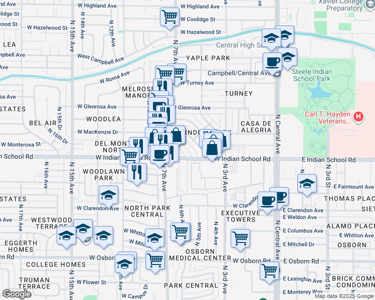 map of restaurants, bars, coffee shops, grocery stores, and more near 602 West Indian School Road in Phoenix