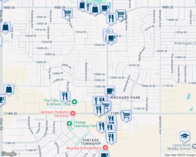 map of restaurants, bars, coffee shops, grocery stores, and more near 4414 109th Street in Lubbock