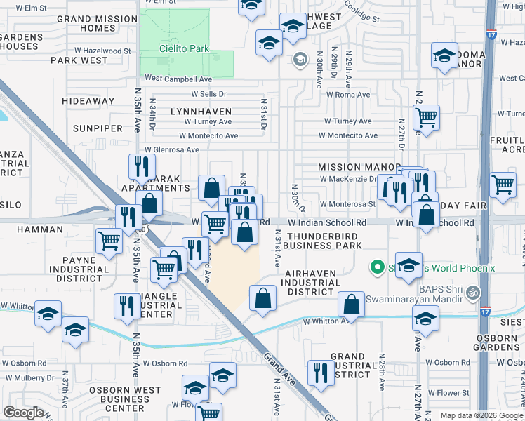 map of restaurants, bars, coffee shops, grocery stores, and more near 3118 West Indian School Road in Phoenix