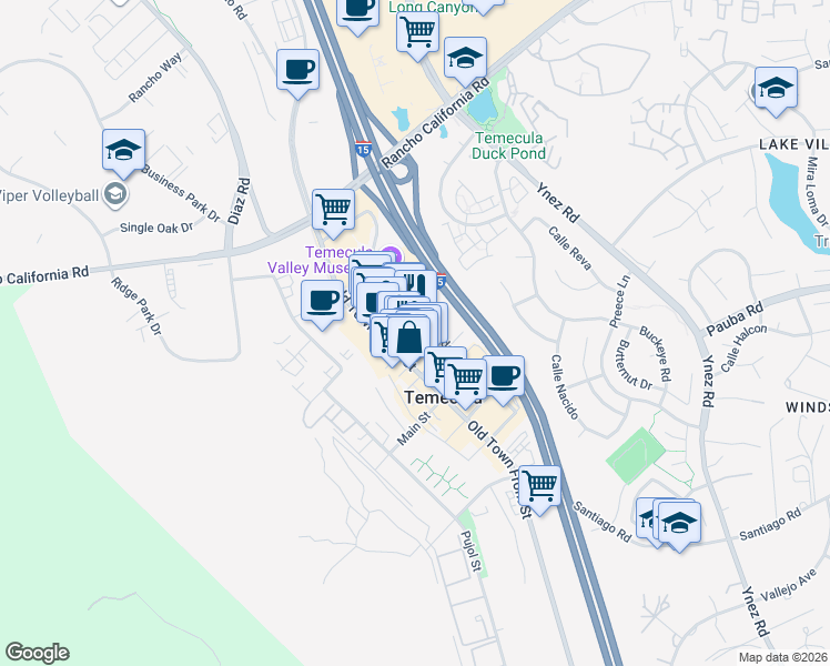 map of restaurants, bars, coffee shops, grocery stores, and more near 41925 5th Street in Temecula