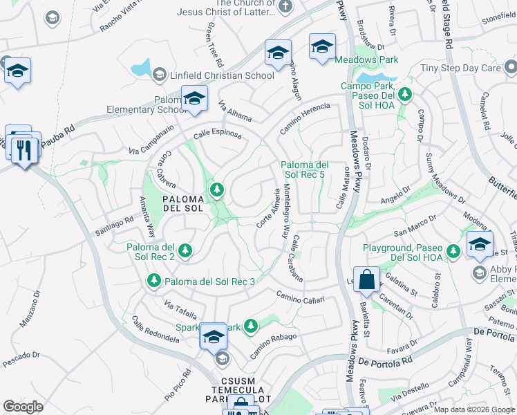 map of restaurants, bars, coffee shops, grocery stores, and more near 31898 Calle Ballentine in Temecula