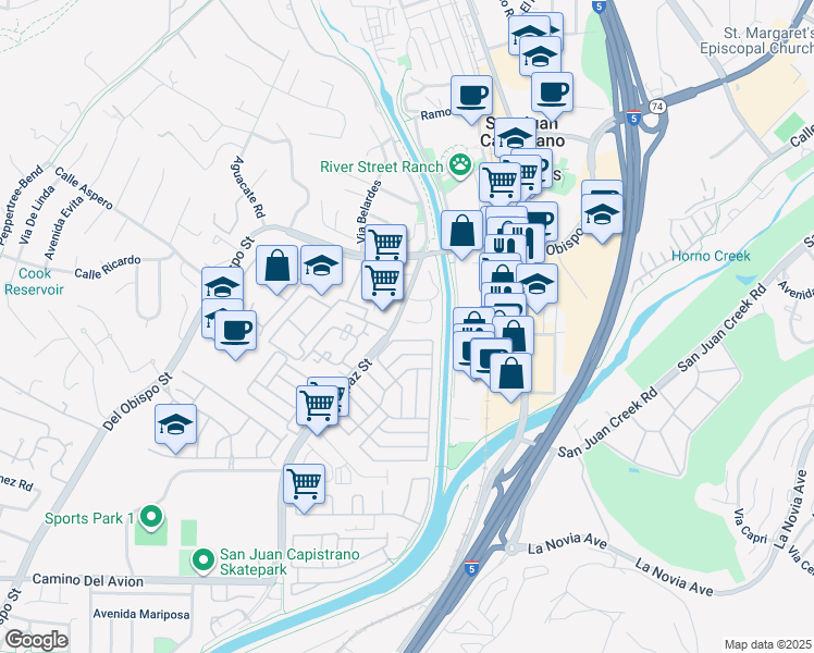 map of restaurants, bars, coffee shops, grocery stores, and more near 32162 Via Viente in San Juan Capistrano