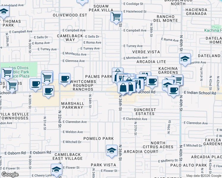 map of restaurants, bars, coffee shops, grocery stores, and more near 3531 East Indian School Road in Phoenix