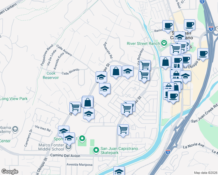map of restaurants, bars, coffee shops, grocery stores, and more near 26186 Via De Toledo in San Juan Capistrano