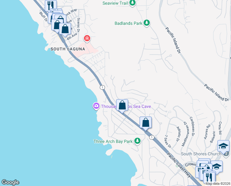 map of restaurants, bars, coffee shops, grocery stores, and more near North Vista De Catalina in Laguna Beach