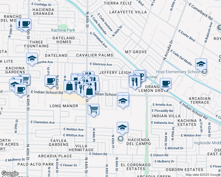 map of restaurants, bars, coffee shops, grocery stores, and more near 4502 East Indian School Road in Phoenix