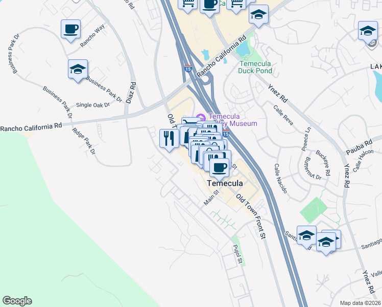 map of restaurants, bars, coffee shops, grocery stores, and more near 28475 Old Town Front Street in Temecula