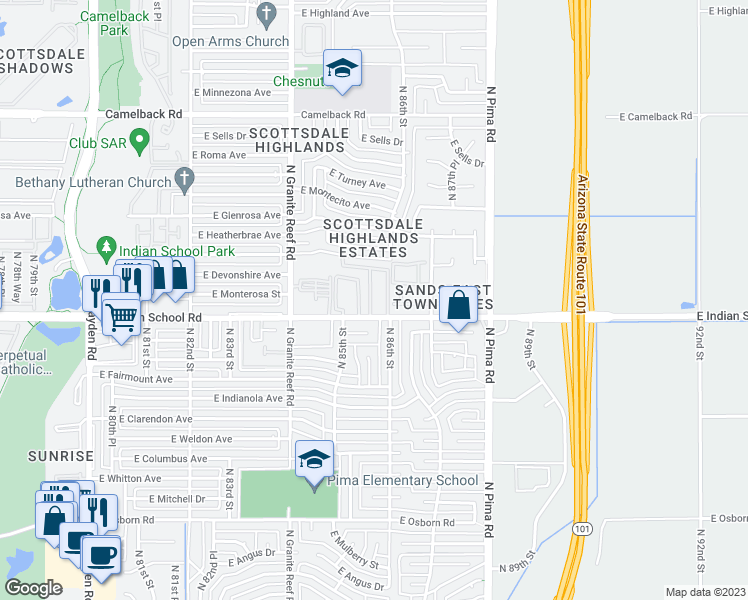 map of restaurants, bars, coffee shops, grocery stores, and more near 8550 East Indian School Road in Scottsdale