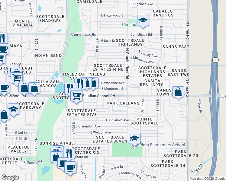 map of restaurants, bars, coffee shops, grocery stores, and more near 8238 East Indian School Road in Scottsdale