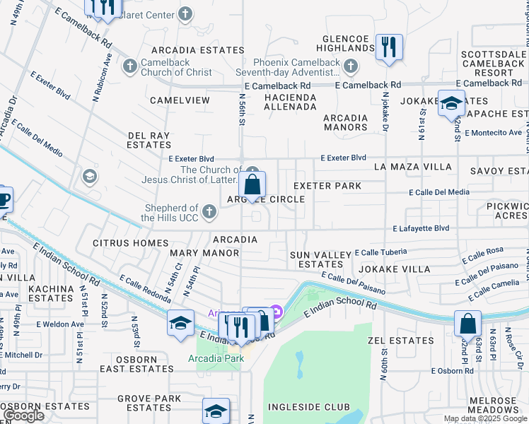 map of restaurants, bars, coffee shops, grocery stores, and more near 5615 East Argyle Drive in Phoenix
