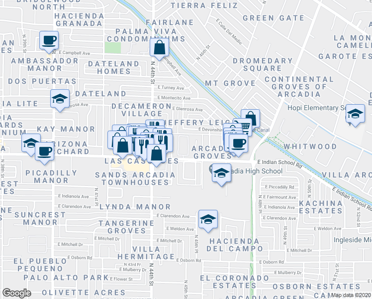 map of restaurants, bars, coffee shops, grocery stores, and more near 4502 East Indian School Road in Phoenix