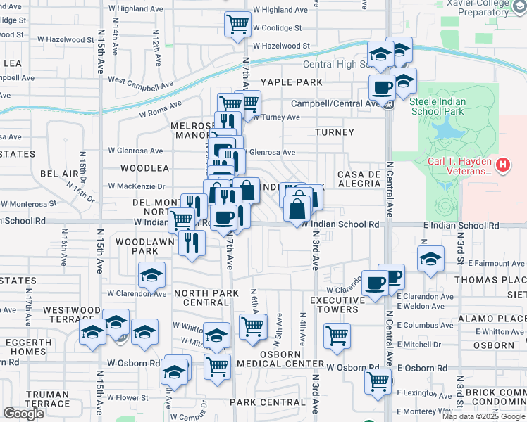 map of restaurants, bars, coffee shops, grocery stores, and more near 602 West Indian School Road in Phoenix
