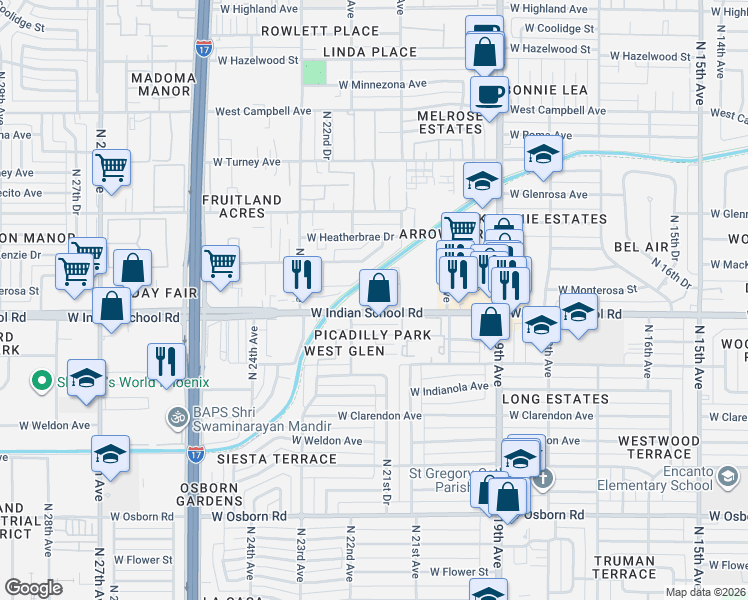 map of restaurants, bars, coffee shops, grocery stores, and more near 2129 West Indian School Road in Phoenix
