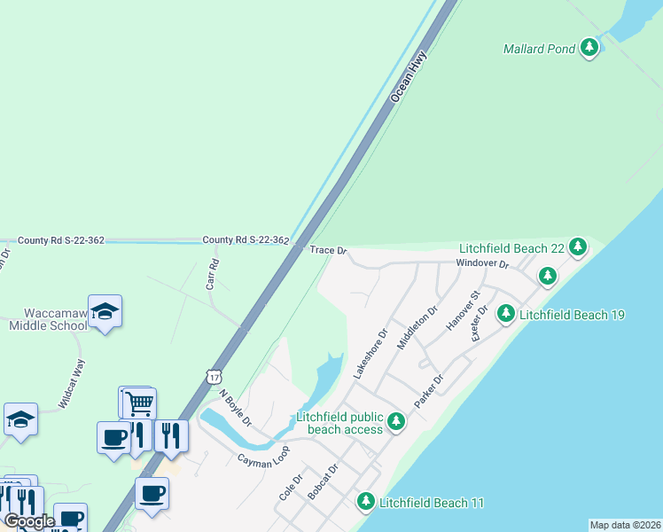 map of restaurants, bars, coffee shops, grocery stores, and more near 84 Sandlapper Way in Pawleys Island