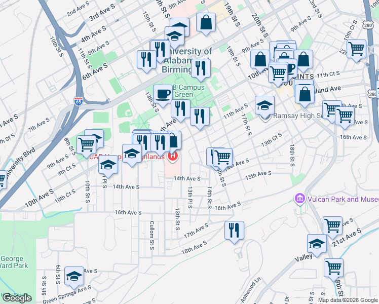 map of restaurants, bars, coffee shops, grocery stores, and more near 1313 13th Street South in Birmingham