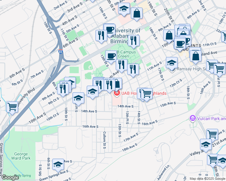 map of restaurants, bars, coffee shops, grocery stores, and more near 1201 11th Avenue South in Birmingham