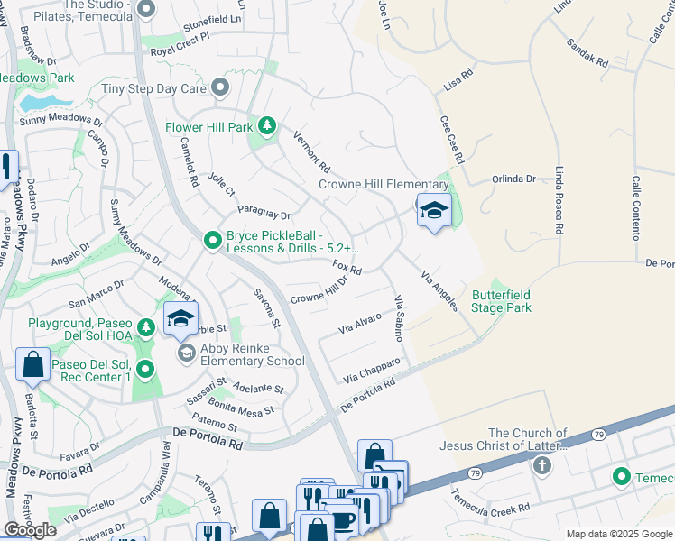 map of restaurants, bars, coffee shops, grocery stores, and more near 33291 Fox Road in Temecula
