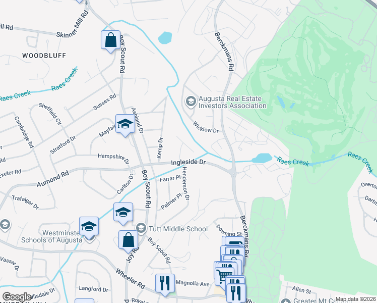 map of restaurants, bars, coffee shops, grocery stores, and more near 2702 Butler Place in Augusta