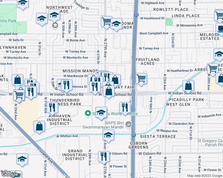 map of restaurants, bars, coffee shops, grocery stores, and more near 2632 West Indian School Road in Phoenix
