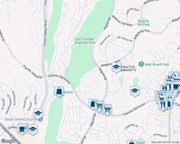 map of restaurants, bars, coffee shops, grocery stores, and more near 23951 Catamaran Way in Laguna Niguel
