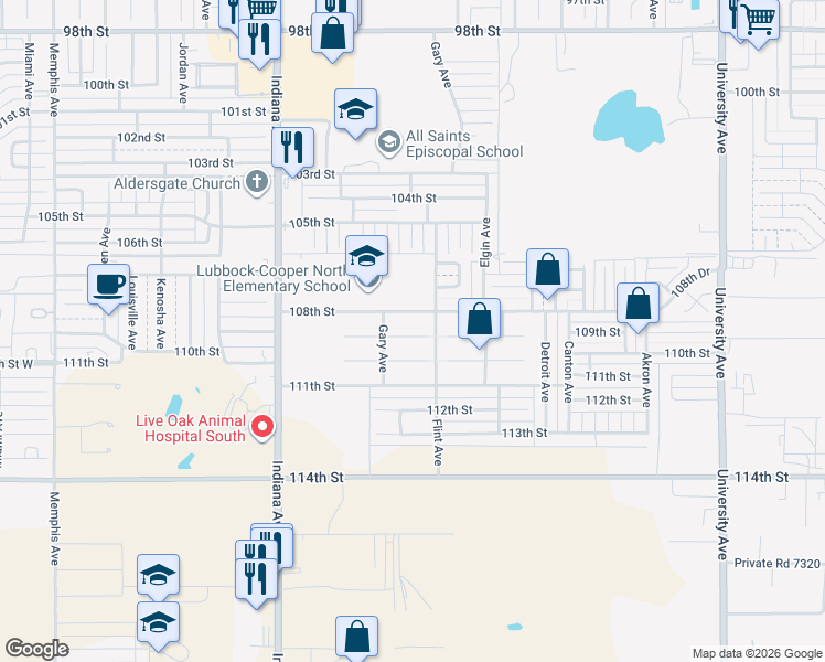 map of restaurants, bars, coffee shops, grocery stores, and more near 3113 109th Street in Lubbock