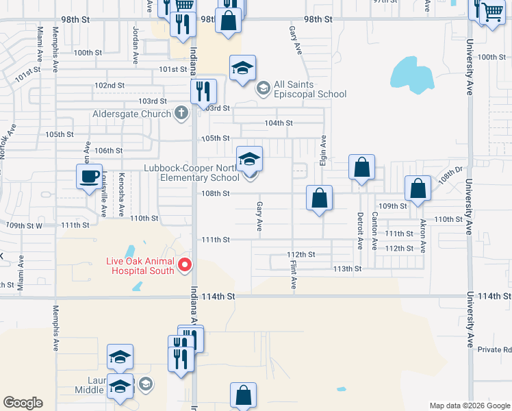 map of restaurants, bars, coffee shops, grocery stores, and more near 3202 109th Street in Lubbock