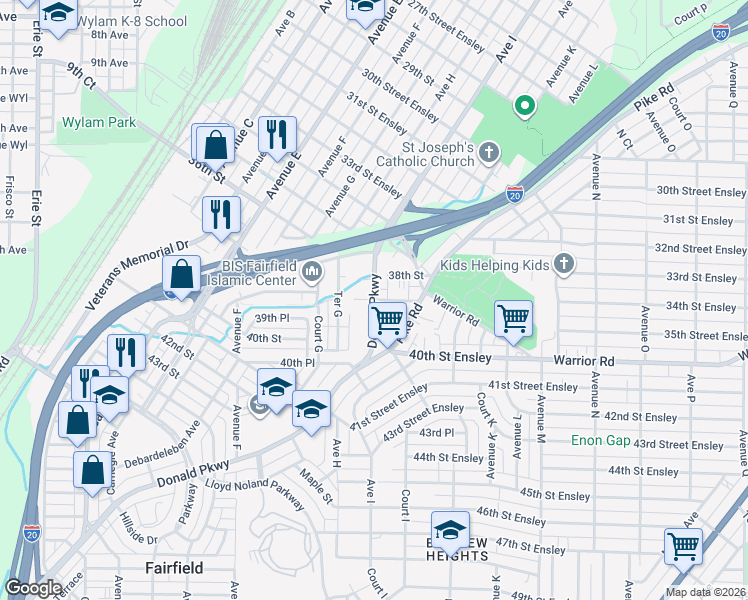 map of restaurants, bars, coffee shops, grocery stores, and more near 920 39th Street in Birmingham