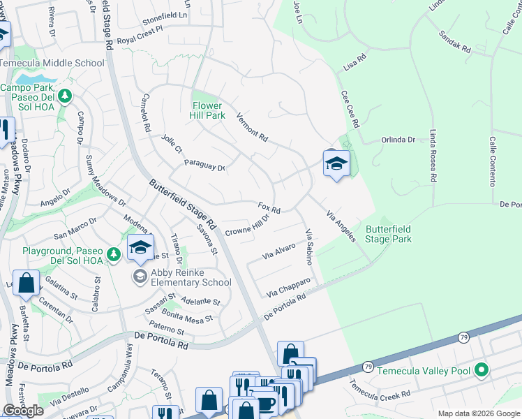 map of restaurants, bars, coffee shops, grocery stores, and more near 33291 Fox Road in Temecula