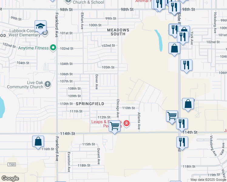 map of restaurants, bars, coffee shops, grocery stores, and more near 5502 109th Street in Lubbock