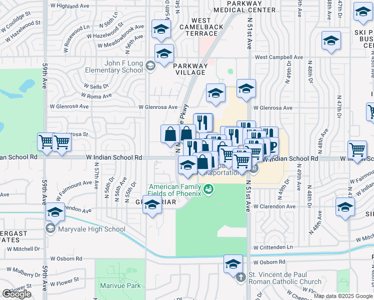 map of restaurants, bars, coffee shops, grocery stores, and more near 5350 West Indian School Road in Phoenix