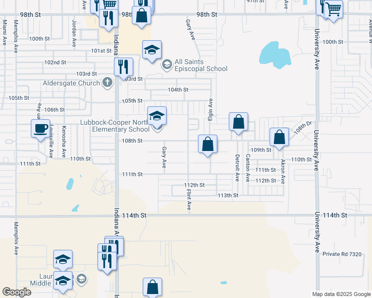map of restaurants, bars, coffee shops, grocery stores, and more near 3019 109th Street in Lubbock