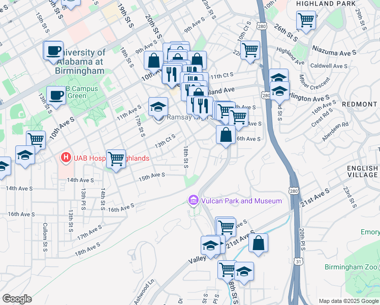 map of restaurants, bars, coffee shops, grocery stores, and more near 1431 18th Street South in Birmingham