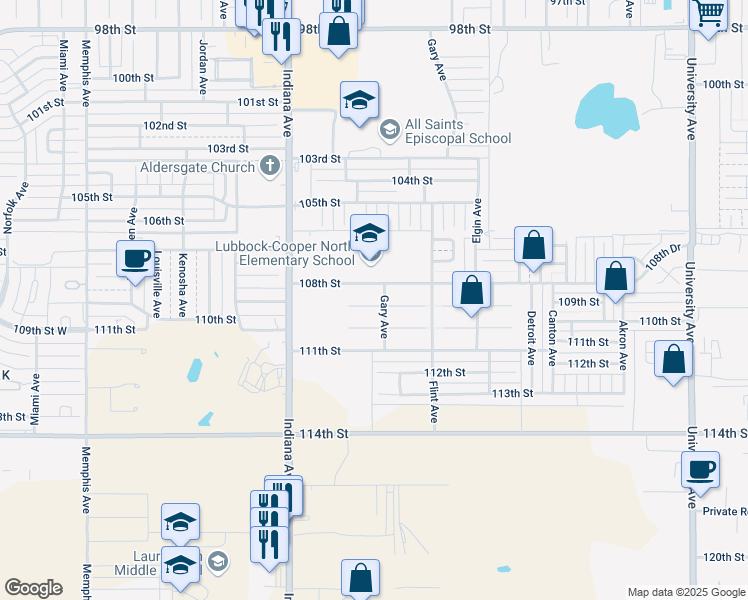 map of restaurants, bars, coffee shops, grocery stores, and more near 3204 109th Street in Lubbock