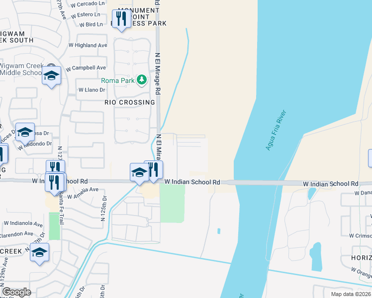 map of restaurants, bars, coffee shops, grocery stores, and more near 12100 West Indian School Road in Litchfield Park