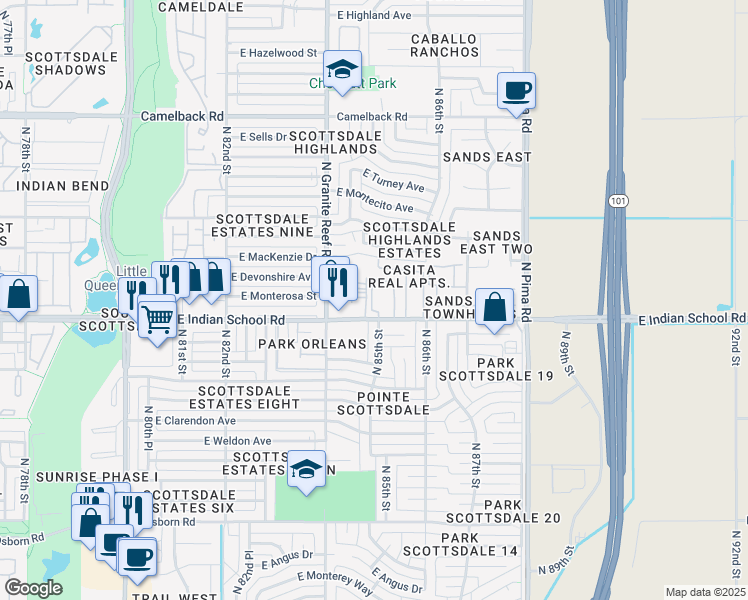 map of restaurants, bars, coffee shops, grocery stores, and more near 4020 North 85th Street in Scottsdale