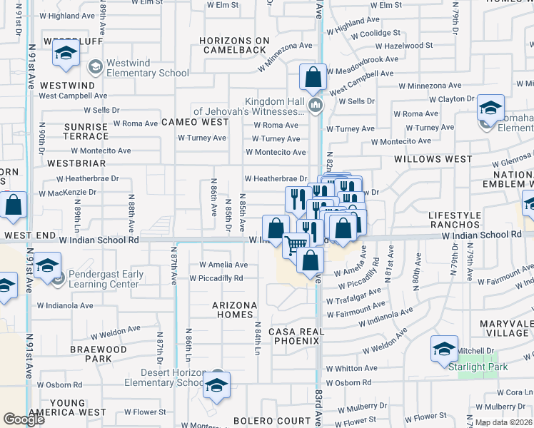 map of restaurants, bars, coffee shops, grocery stores, and more near 4111 North 84th Circle in Phoenix