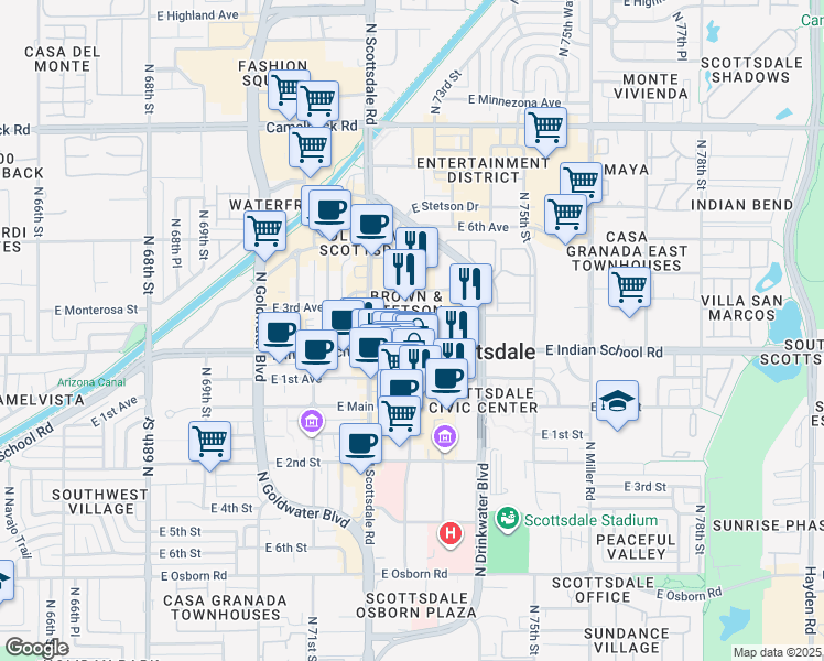 map of restaurants, bars, coffee shops, grocery stores, and more near 7272 East Indian School Road in Scottsdale