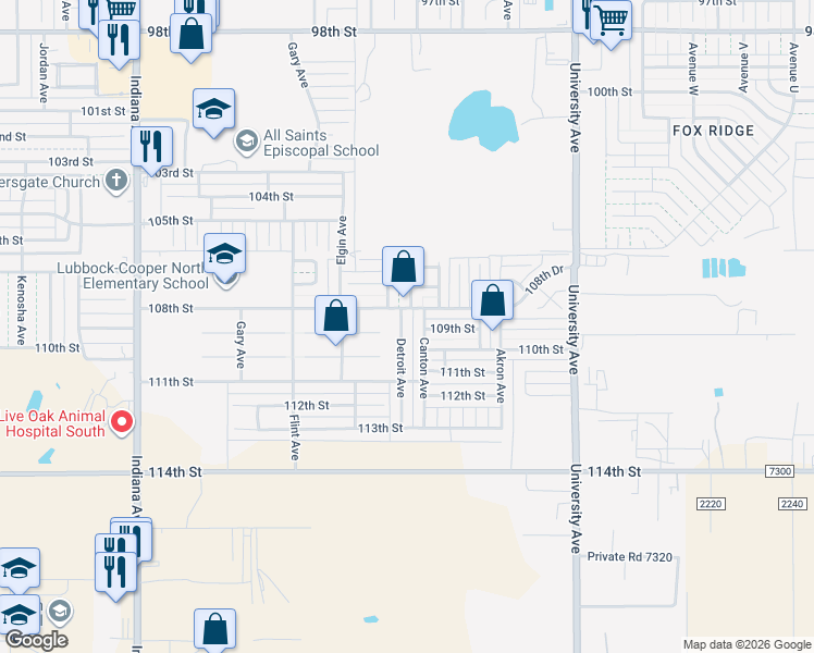 map of restaurants, bars, coffee shops, grocery stores, and more near 10815 Detroit Avenue in Lubbock