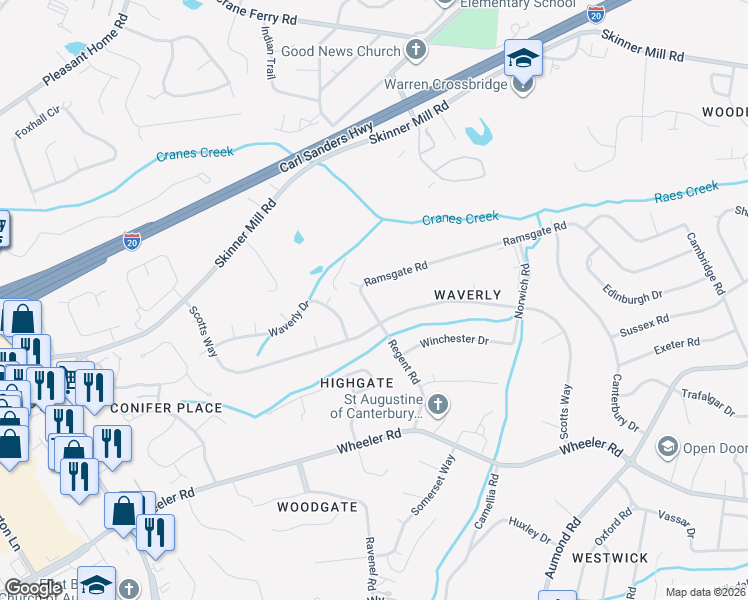 map of restaurants, bars, coffee shops, grocery stores, and more near 500 Scotts Way in Augusta