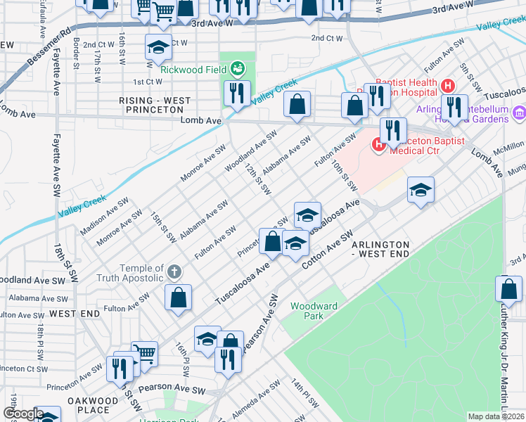 map of restaurants, bars, coffee shops, grocery stores, and more near 515 13th Street Southwest in Birmingham