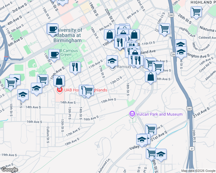 map of restaurants, bars, coffee shops, grocery stores, and more near 1319 17th Street South in Birmingham